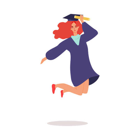Happy cartoon student in graduation cap jumping and holding education papers scrollのイラスト素材