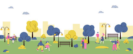 City park with cartoon couples walking together on cityscape backgroundのイラスト素材