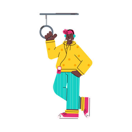 Young man standing in subway train listening to musicのイラスト素材
