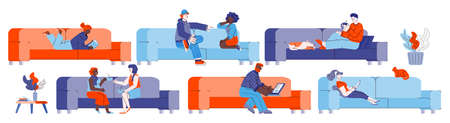 Set of people sitting on couch and resting, sketch vector illustration isolated.のイラスト素材