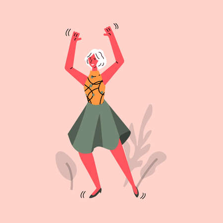 Happy cartoon girl dancing and smiling - young woman doing fun dance moveのイラスト素材