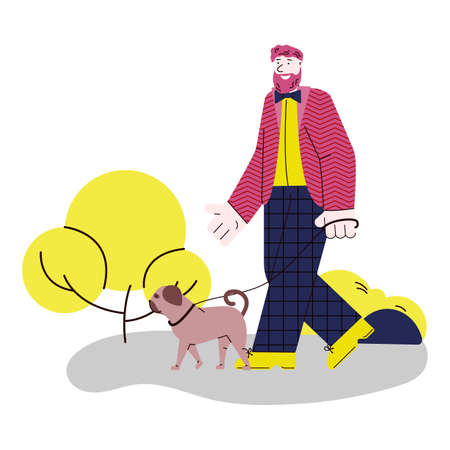 Man cartoon character with dog walk together, flat vector illustration isolated.のイラスト素材