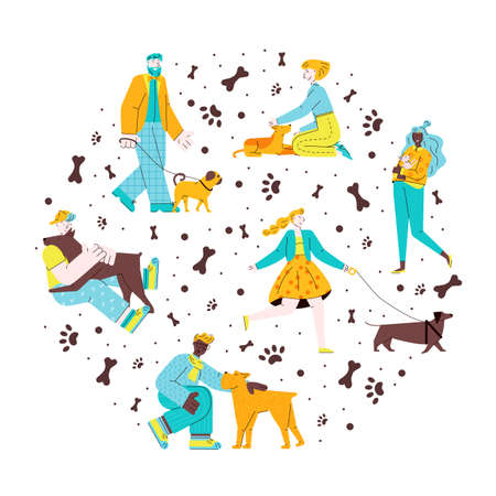 Isolated dog poster with cartoon characters walking their dogs and showing loveのイラスト素材