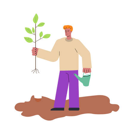 Man cartoon character planting tree sketch vector illustration isolated on white.のイラスト素材