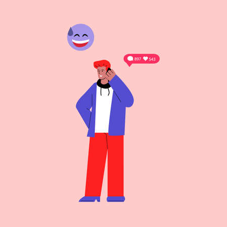 Man using gadget to chat in social media, flat vector illustration isolated.のイラスト素材