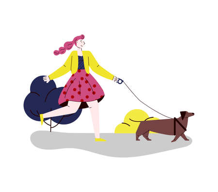 Girl or woman cartoon character with dog walking vector illustration isolated.のイラスト素材