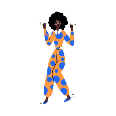 Happy African woman dancing and smiling - disco dancer in retro outfit iのイラスト素材