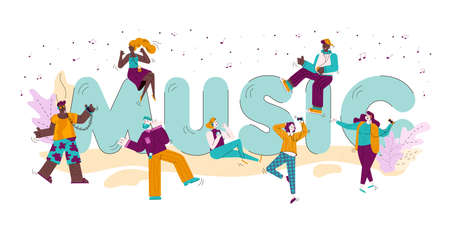 Music letters and doodle people listening music vector illustration isolated.