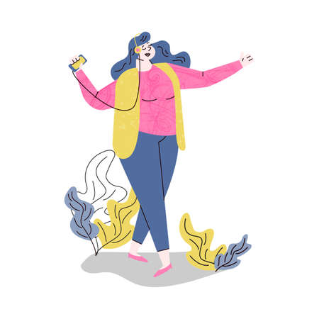 Woman enjoying music using mobile app flat vector cartoon illustration isolated.のイラスト素材