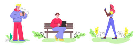 People with devices - phone, tablet and laptop vector illustration isolated.のイラスト素材