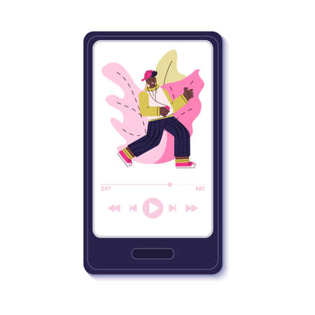 Smartphone screen with music app interface and dancing teenagerのイラスト素材
