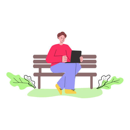 Young man sitting on park bench and using laptop isolated on white backgroundのイラスト素材