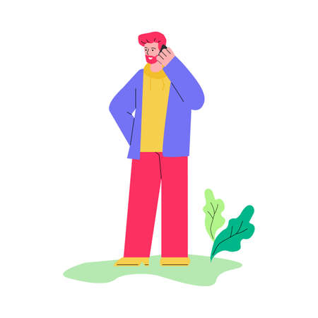 Man talking on the phone standing outside - isolated flat vector illustrationのイラスト素材