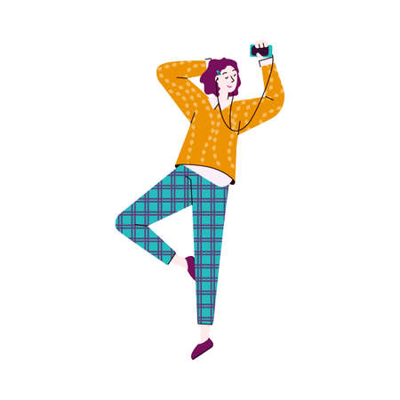 Woman enjoying music from phone app flat cartoon vector illustration isolated.のイラスト素材