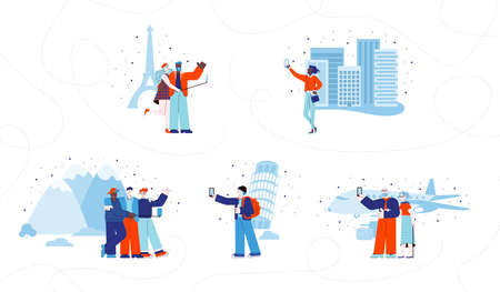 Tourist selfie set - cartoon people in travel destinations taking picturesのイラスト素材