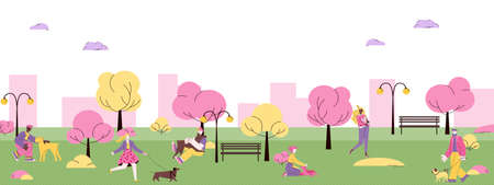 Dog park banner - cartoon people walking and playing with dogs in summerのイラスト素材