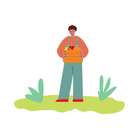 Farmer character holds vegetables harvest sketch vector illustration isolated.のイラスト素材