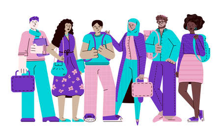 Group of multi-ethnic young students sketch cartoon vector illustration isolated.