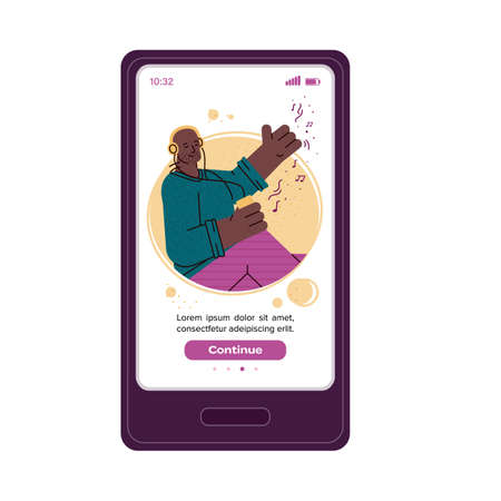 Music app interface with cartoon man in headphones with text template. Flat vector illustration of smartphone application starting page isolated on white backgroundのイラスト素材