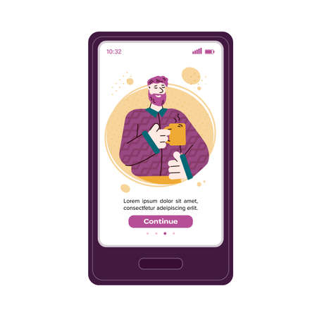 Confident bearded man cartoon character on mobile phone screen, flat vector illustration isolated on white background. Sketch style online application template.のイラスト素材