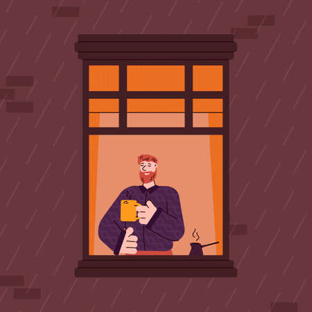 Cartoon character of man looking out of window, flat vector illustration. Bearded guy resting at house apartments with cup of coffee or tea near open window casements.のイラスト素材