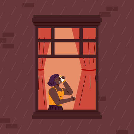 Cartoon woman talking on phone in window frame from outside view in rainy summer evening. Flat vector illustration of apartment building windowsill with person inside.のイラスト素材