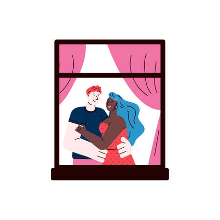 Cartoon couple hugging in window frame - outside view of young man and woman in love looking at each other. Flat vector illustration isolated on white background .のイラスト素材