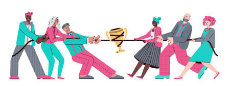 Business teams tug of war competition for golden trophy cup, flat cartoon vector illustration isolated on white background. Competitive teamwork and leadership.のイラスト素材