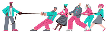 One strong man in tug of war competition with whole team of people isolated on white background. Cartoon teenager against businessmen and women, flat vector illustration.のイラスト素材