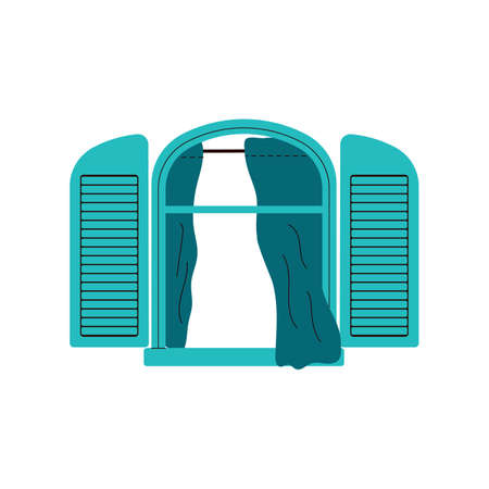 Empty house window retro wood frame in turquoise blue shades, cartoon vector illustration isolated on white background. Building architecture exterior decorative element.のイラスト素材