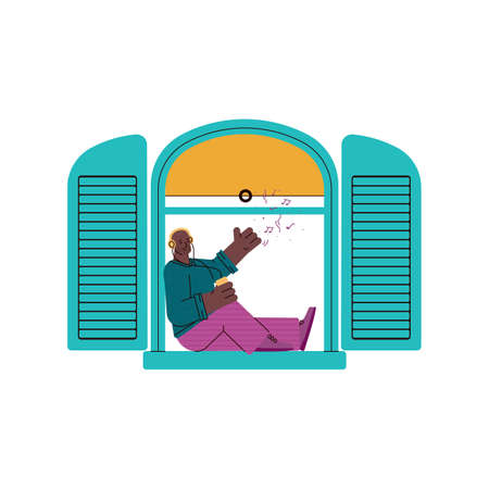 African man with headphones sitting on window sill with open blue shutters and listening to music with a smile - happy cartoon character, flat isolated vector illustrationのイラスト素材