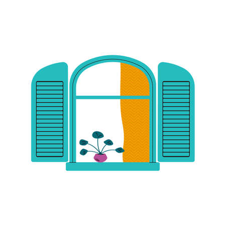 Empty window frame with open blue shutters, yellow curtain and flower plant in pot isolated on white background. Exterior view of apartment windowsill - flat vector illustrationのイラスト素材