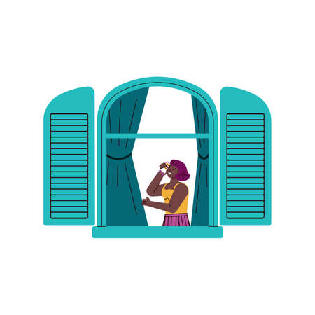 African american woman talking on phone in window vector illustration isolated.のイラスト素材