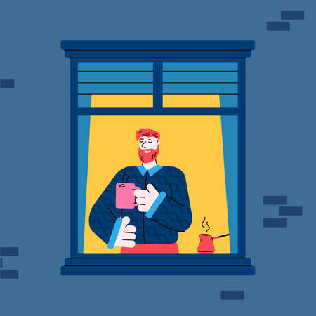 Man drinking coffee inside apartment seen by neighbor from exterior view.のイラスト素材