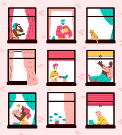 Apartment building window set with cartoon neighbor charactersのイラスト素材