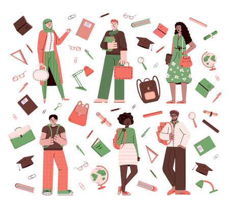 Background with multi-ethnic students boys and girls character and various educational equipment and stationery icons, flat cartoon vector illustration in sketch style.のイラスト素材