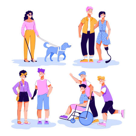 Set of disabled people groups having walk and romantic dates, flat cartoon vector illustration isolated on white background. Handicapped men and women living usual life.のイラスト素材