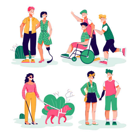 Handicapped people with friends daily activity and leisure, flat cartoon vector illustration isolated on white background. Disabled persons environment accessibility.のイラスト素材
