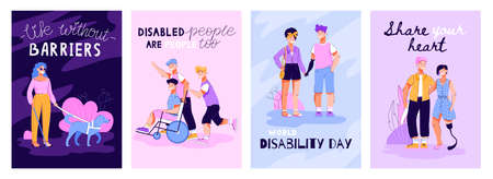 Inspirational cards set for World Disabled Day with people cartoon characters, flat vector illustration. Motivational slogans for handicapped people support.のイラスト素材