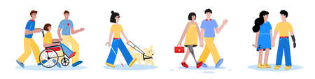 Disabled people with friends - cartoon men and women in wheelchair, blind or with prosthetic leg or artificial arm having fun friendships. Flat isolated vector illustration.のイラスト素材