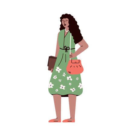 Cute young woman with curly black hair and bags - student or working woman character, flat cartoon vector illustration in sketch style isolated on white background.のイラスト素材