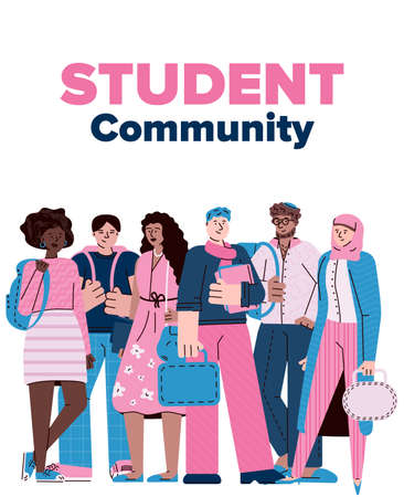 Student community poster with diverse cartoon friend group standing together and smiling - happy young people crowd isolated on white background. Flat vector illustration.のイラスト素材