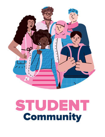 Student community group of multi national young people cartoon characters , flat vector illustration isolated on white background. Crowd of university diverse students.のイラスト素材