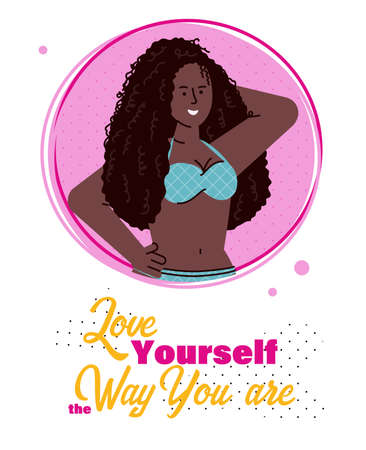 Beautiful young african american girl character and inspirational slogan of body acceptance idea, flat cartoon vector illustration isolated on white background.のイラスト素材