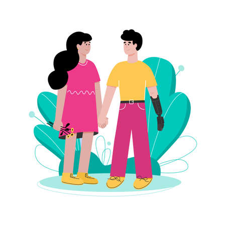 Happy couple with handicapped partner, flat cartoon vector illustration isolated.のイラスト素材