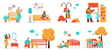 Set of pets owners with animals flat cartoon vector illustration isolated.のイラスト素材