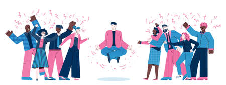 Cartoon man in meditation yoga pose among angry screaming peopleのイラスト素材