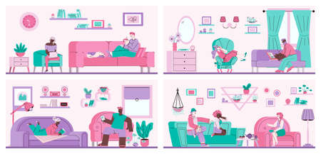 Cartoon people relaxing in living room - flat set of men and women on sofasのイラスト素材