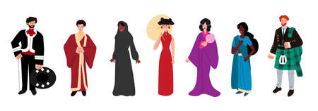 Ethnic diversity set - people in traditional costume of different nations.のイラスト素材