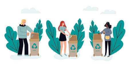 People sorting trash in dumpster containers sketch vector illustration isolated.のイラスト素材